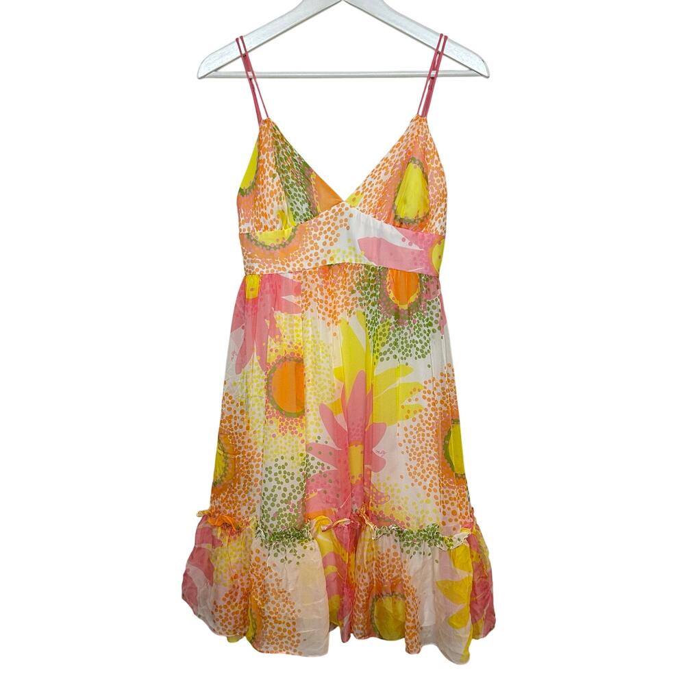 Vintage Y2K Milly Silk Dress Retro Pink Orange Floral Mod Empire Babydoll 2